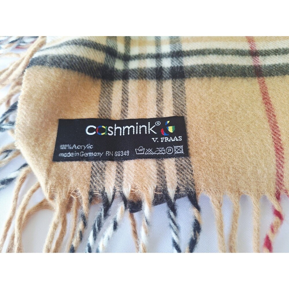 Cashmink V Fraas Scarf Beige & Black Burberry Plaid Scarf Fringe Soft - Picture 2 of 2